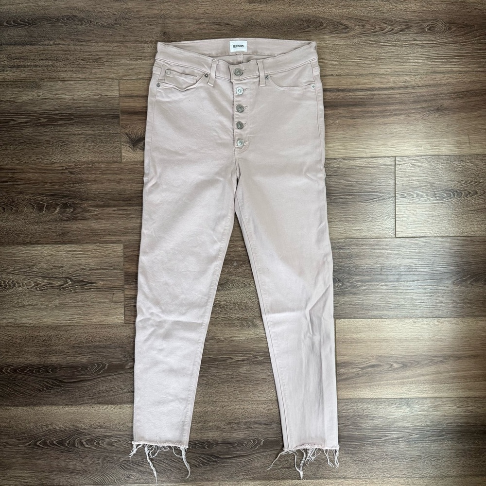 Hudson Jeans High-Rise Skinny Button-Fly Frayed Raw Hem, Pale Pink, WHR4069TEN